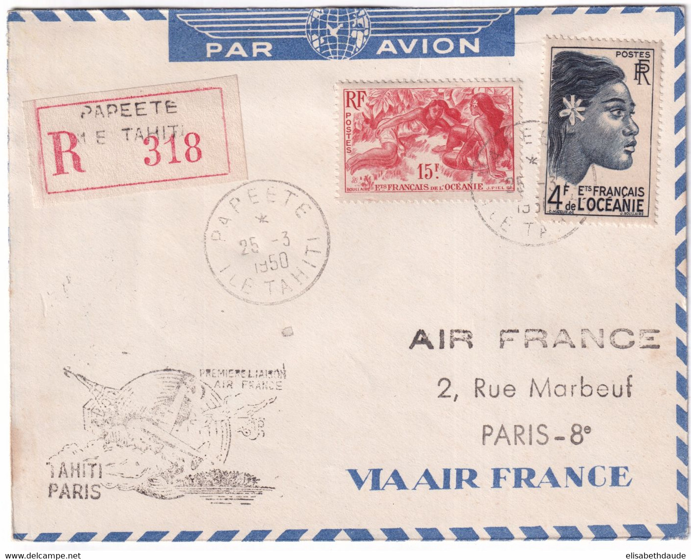 OCEANIE - 1950 - ENVELOPPE RECOMMANDEE De PAPEETE (TAHITI) - 1° VOL AIR FRANCE => PARIS - Cartas & Documentos