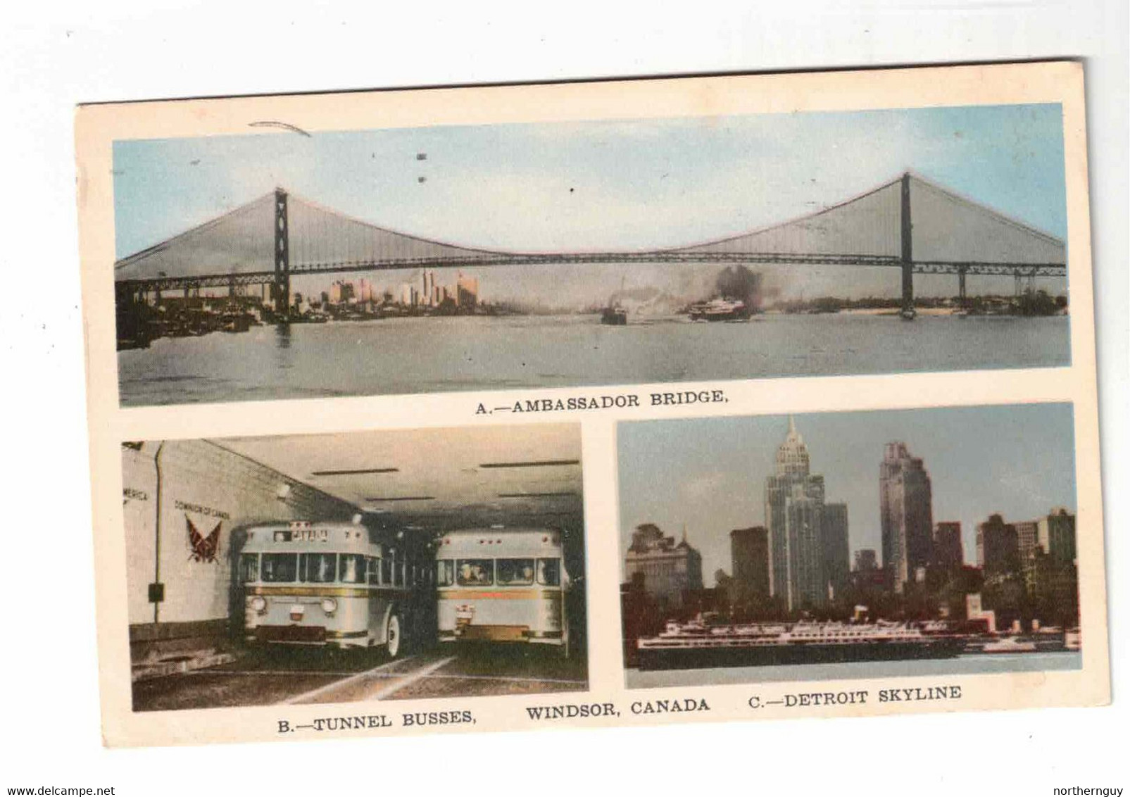 Windsor, Ontario, Canada, 3 Views "Ambassador Bridge, Tunnel Buses, Detroit Skyline". 1950 WB Postcard - Windsor