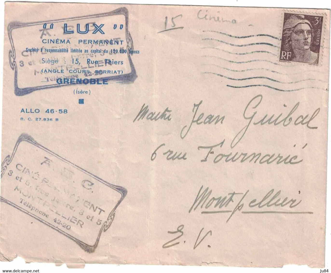 Hérault - Montpellier - A. ? C. - Ciné Permanent - Lettre Entête "Lux" Cinéma - Grenoble (Isère) - EMA (Empreintes Machines à Affranchir)