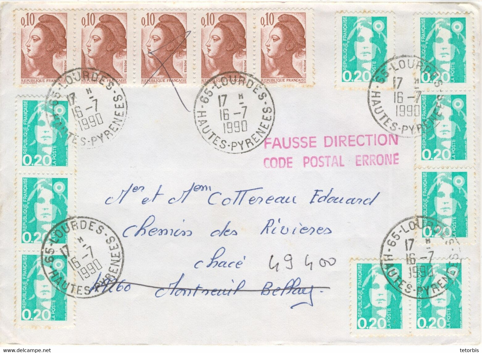 BANDE 10C LIBERTE DE GANDON 9X 20C MARIANNE BRIAT TARIF LETTRE 2.30F OBLITERATION LOURDES 16/7/90 FAUSSE DIRECTION - 1961-....