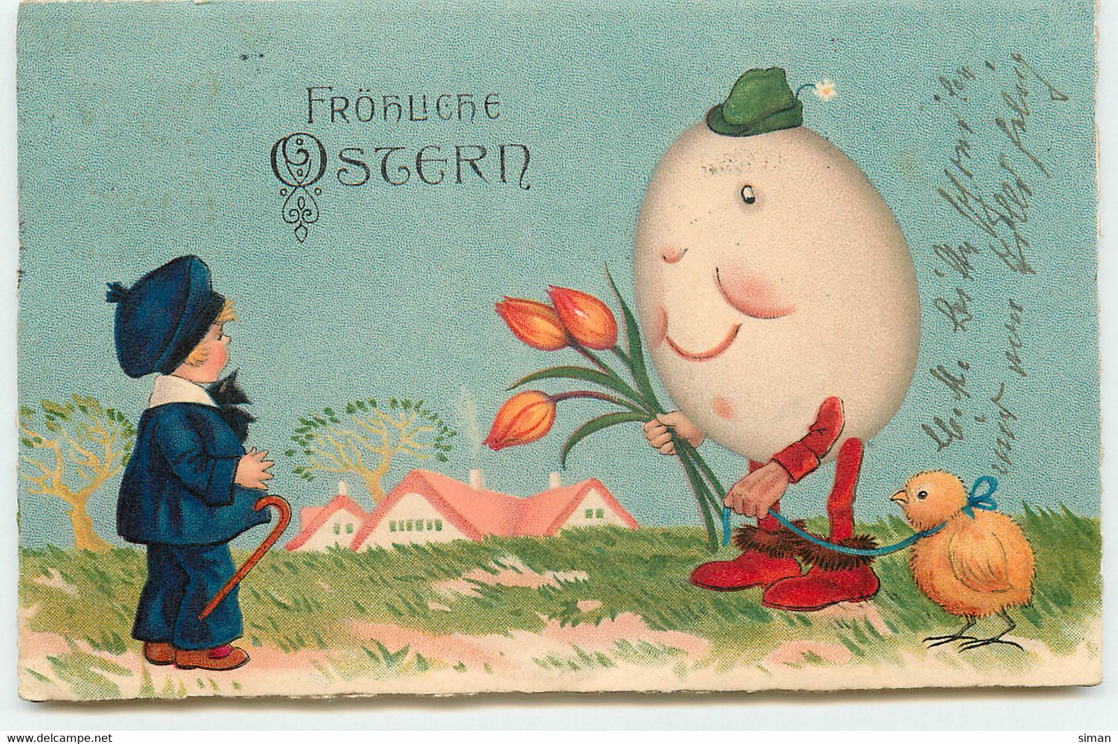 N°17477 - Fröhliche Ostern - Fritz Baumgarten - Oeuf Habillé, Promenant Un Poussin Devant Un Garçon - Pasqua