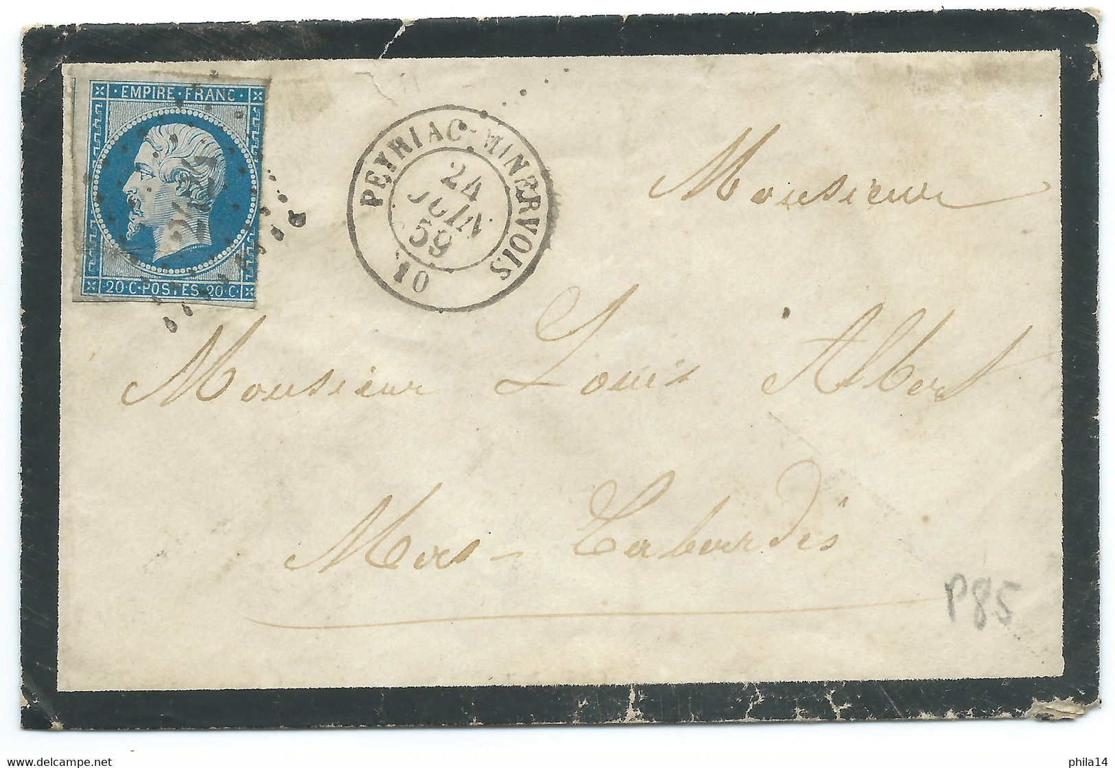 N° 14 BLEU NAPOLEON SUR LETTRE / PEYRIAC MINERVOIS POUR MAS CABARDES / 24 JUIN 1859 - 1849-1876: Periodo Clásico