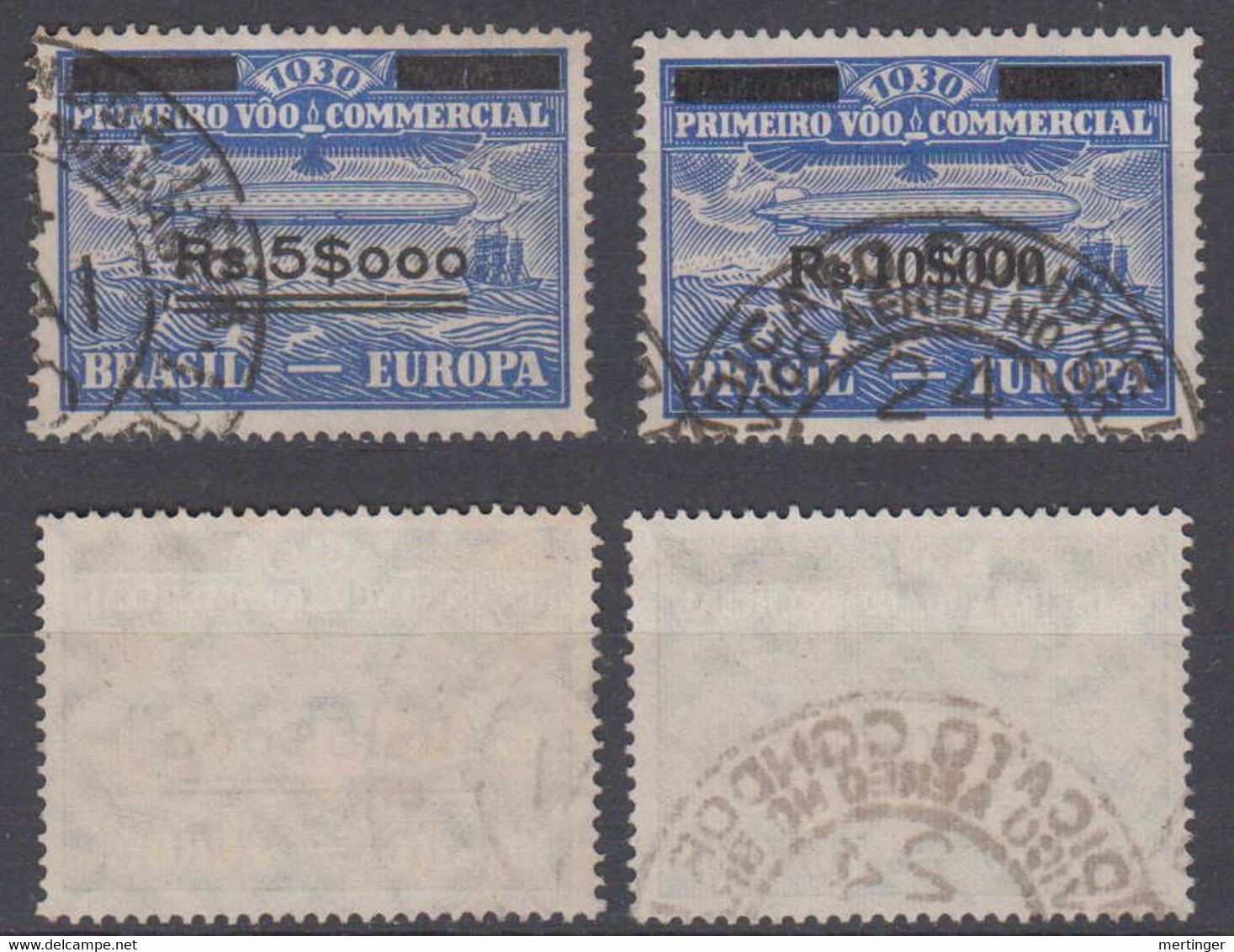 Brazil Brasil 1930 Zeppelin Mi# 7-8 Used Overprint 5$000 + 10$000 - Posta Aerea (società Private)