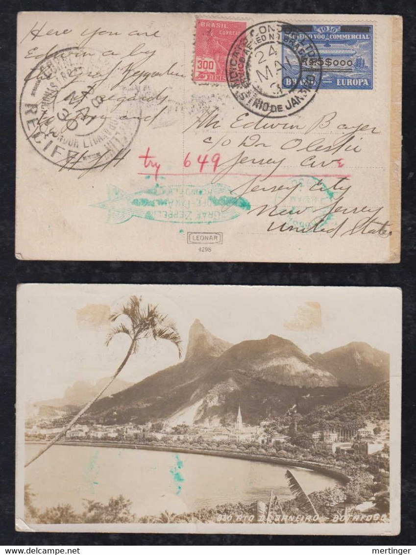 Brazil Brasil 1930 Zeppelin Mi# 7 Postcard 5$000 Overprint RIO To JERSEY CITY USA - Airmail (Private Companies)