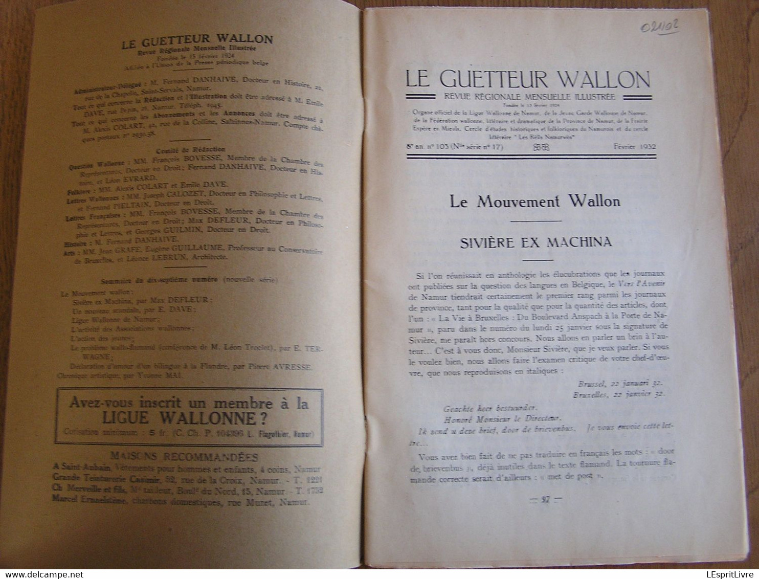 LE GUETTEUR WALLON Février 1932 8 ème Année 103 Régionalisme Mouvement Wallon  Problème Wallo Flamand Ligue Wallonne - Belgique