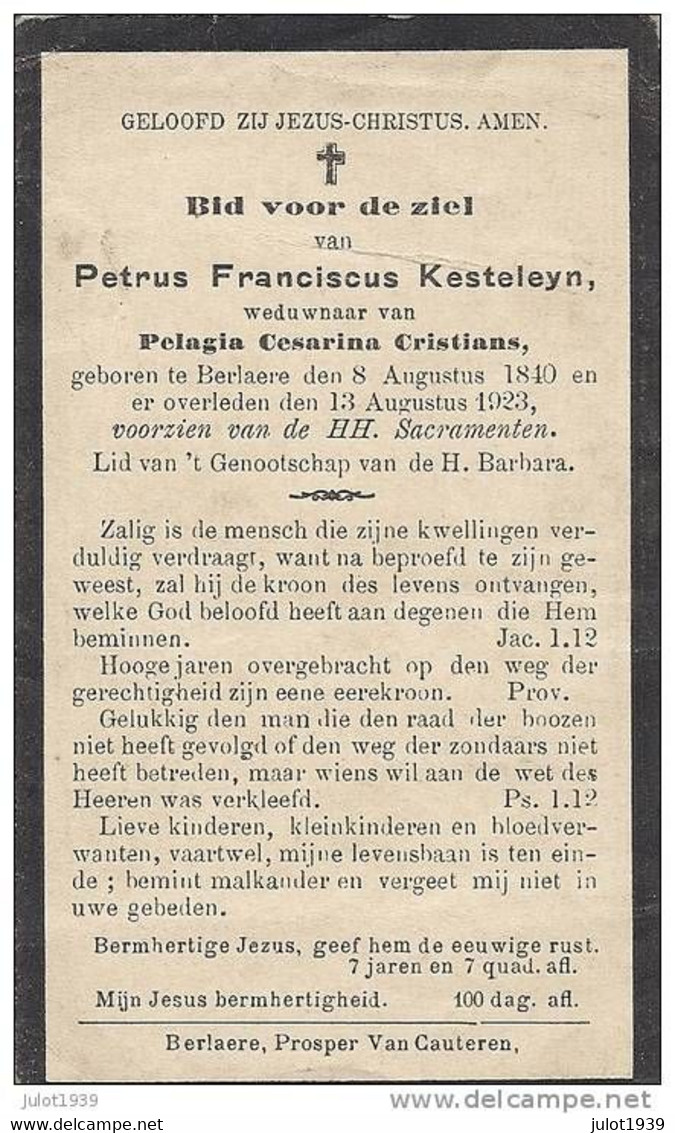 BERLAAR ..-- 1840 . 1923 . Petrus  KESTELEYN , Weduwnaar Van Pelagia CRISTIANS . - Berlaar