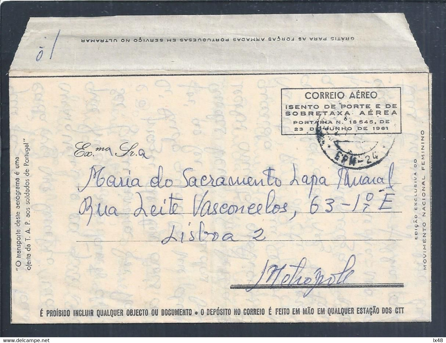 Military Aerogram Free Of Charge For Troops In Portuguese Colonial War. TAP. SPM Obliteration. EPM 24, Mozambique 1964 - Covers & Documents