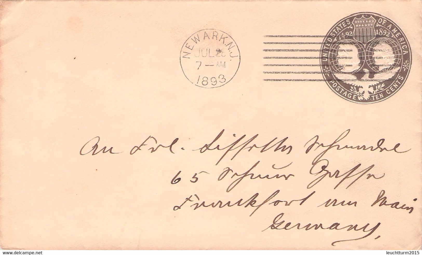 USA - ENVELOPE 10c 1893 NEWARK > FRANKFURT/DE Sc #U31/QE135 - ...-1900