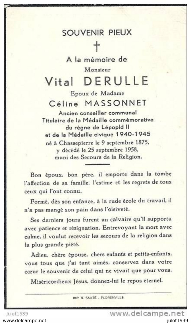 CHASSEPIERRE , 1875 . 1958 . Vital DERULLE , époux De Céline MASSONNET , MEDAILLE CIVIQUE 40/45 . - Florenville