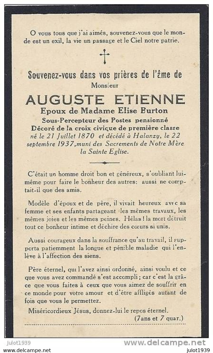 HALANZY , 1870 . 1937 . Auguste ETIENNE , époux De Mme Elise BURTON . Croix Civique 1ère Classe . - Aubange