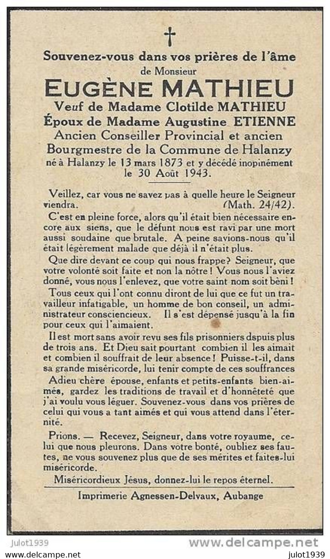 HALANZY , 1873 . 1943 . Eugène MATHIEU , Ancien Bourgmestre , époux De Mme Augustine ETIENNE . - Aubange