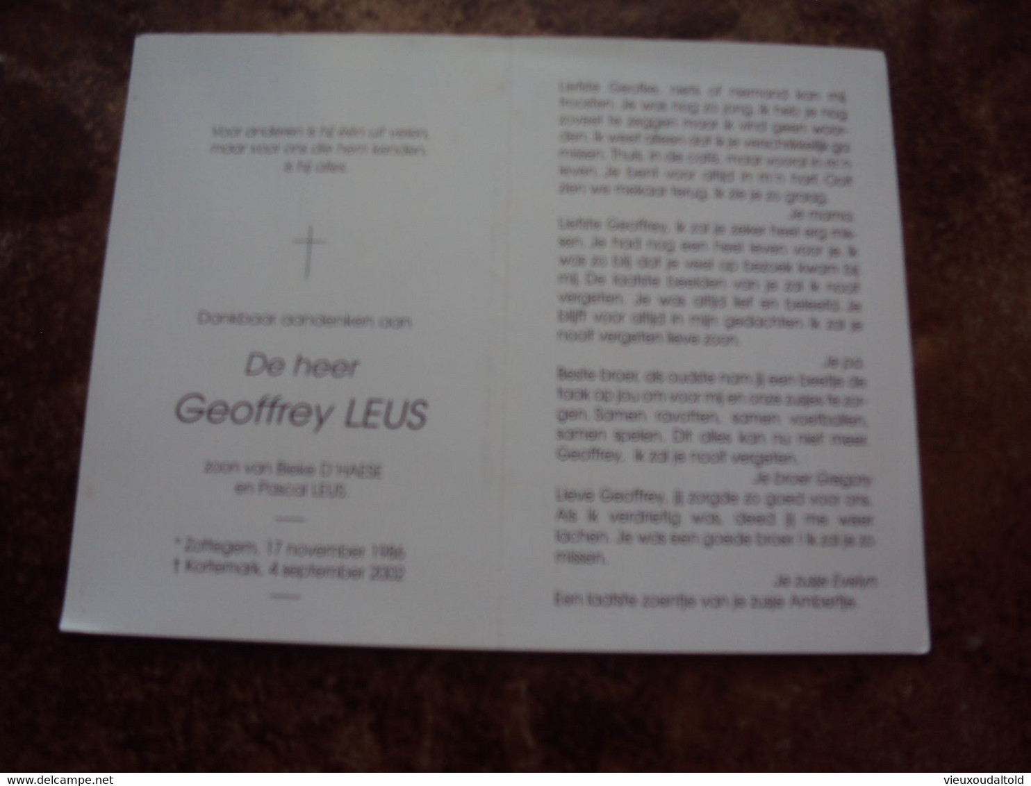 Doodsprentje/bidprentje   Geoffrey LEUS (Zn Pascal & Bieke D'HAESE)  Zottegem °1986 - † 2002  Kortemark - Religione & Esoterismo