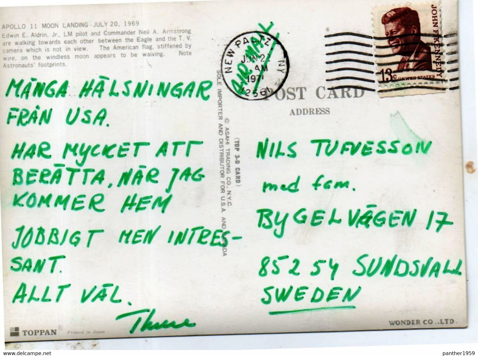 THEMATICS:#AMERICA-#USA# FIRST MAN ON THE MOON 3D POSTCARD SENT TO SWEDEN#1971# RARE!(TSP-280S-3 (33) - Astronomie