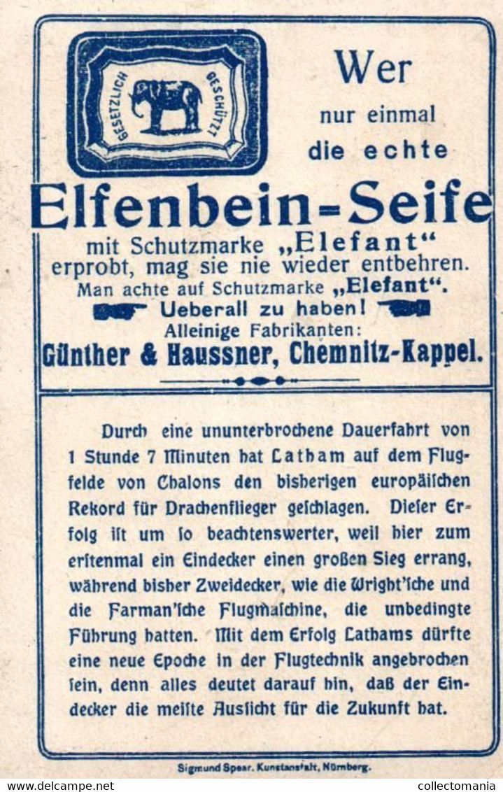 6 Cards Elfenbein Seife Elefant Günther & Haussner Chemnitz - Kappel  Santos Dumont Flieger Blériot
