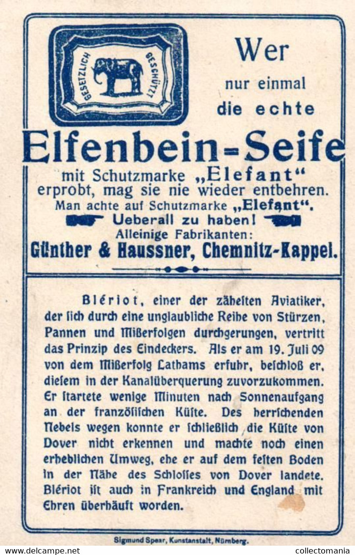 6 Cards Elfenbein Seife Elefant Günther & Haussner Chemnitz - Kappel  Santos Dumont Flieger Blériot