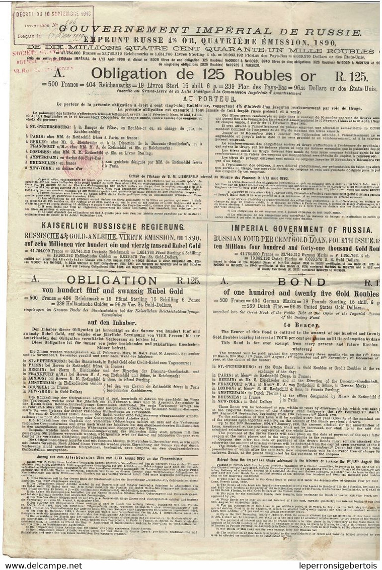 Titre Ancien - Gouvernement Impérial De Russie - Emprunt  Russe 4 % Or 4 ème émission - Obligation De 1890 - - Russia