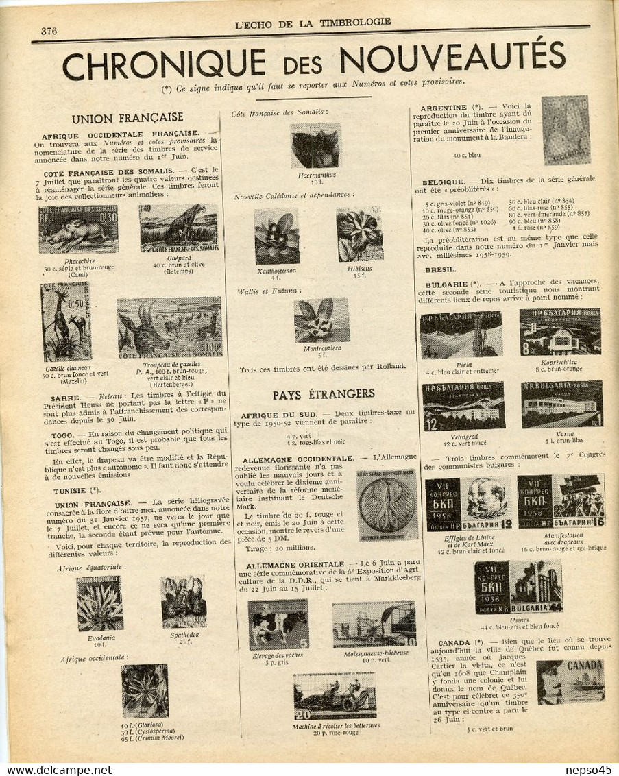 Timbrologie.1er Juillet 1958.le Centenaire Des " Tête D'Aurochs " Oblitérations Coloniales.planches à Coins Datés. - Français (àpd. 1941)