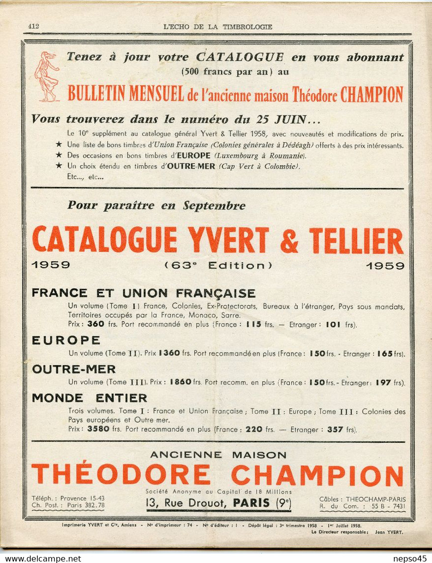 Timbrologie.1er Juillet 1958.le Centenaire Des " Tête D'Aurochs " Oblitérations Coloniales.planches à Coins Datés. - Français (àpd. 1941)