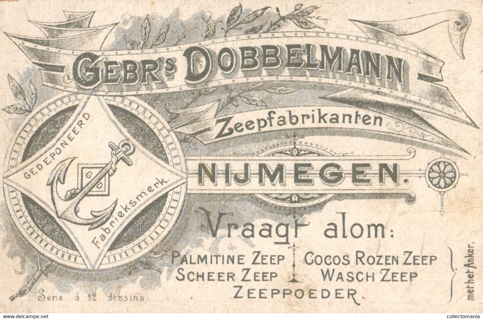 anno 1900 -  5 kaarten Gebroeders Dobbelmann Zeepfabrikanten Nijmegem Lohengrin, Japan, Spanje, zeer mooie reklame