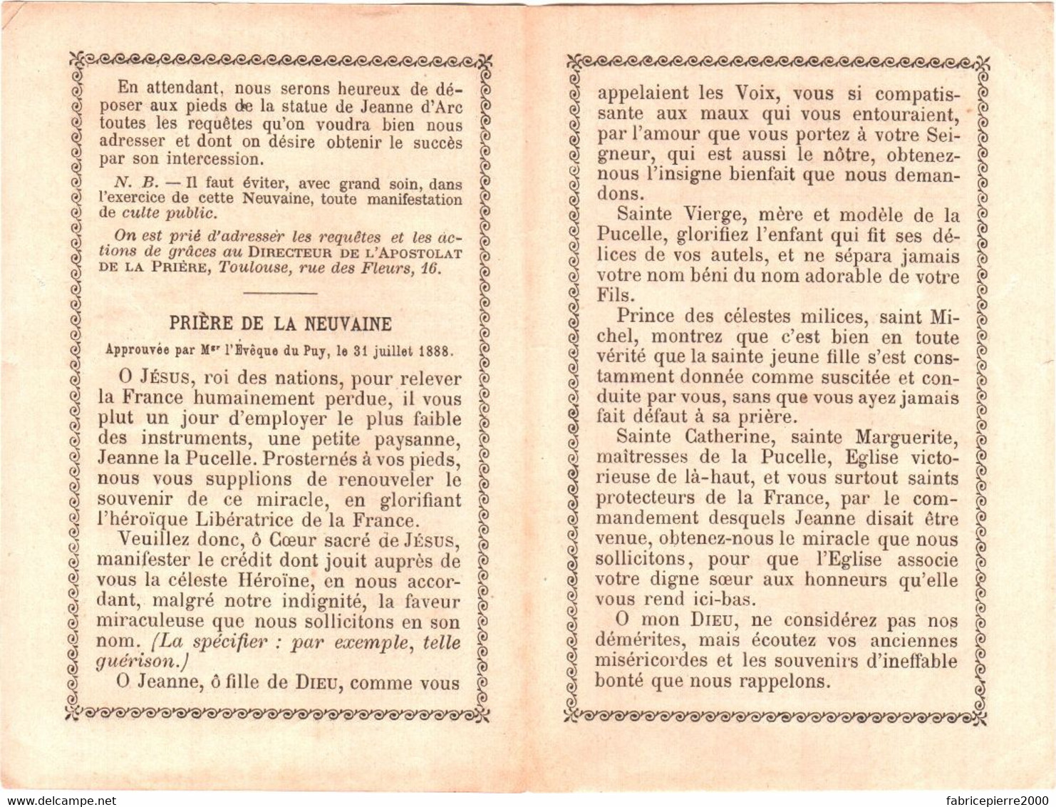 Neuvaine à Jeanne D'Arc, Feuillet Double Pour La Canonisation De La Pucelle TBE Scan Recto-verso - Devotieprenten