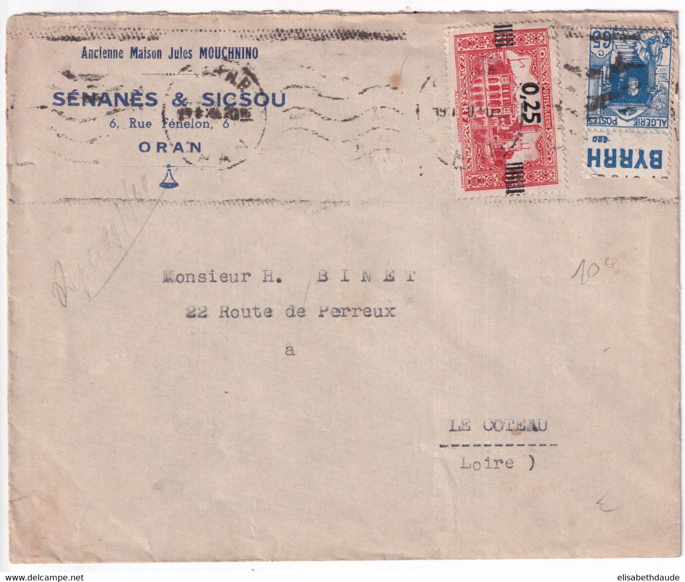 ALGERIE - 1939 - TIMBRE De CARNET Avec BANDE PUB BYRRH Sur ENVELOPPE De ORAN => LE COTEAU (LOIRE) - Lettres & Documents