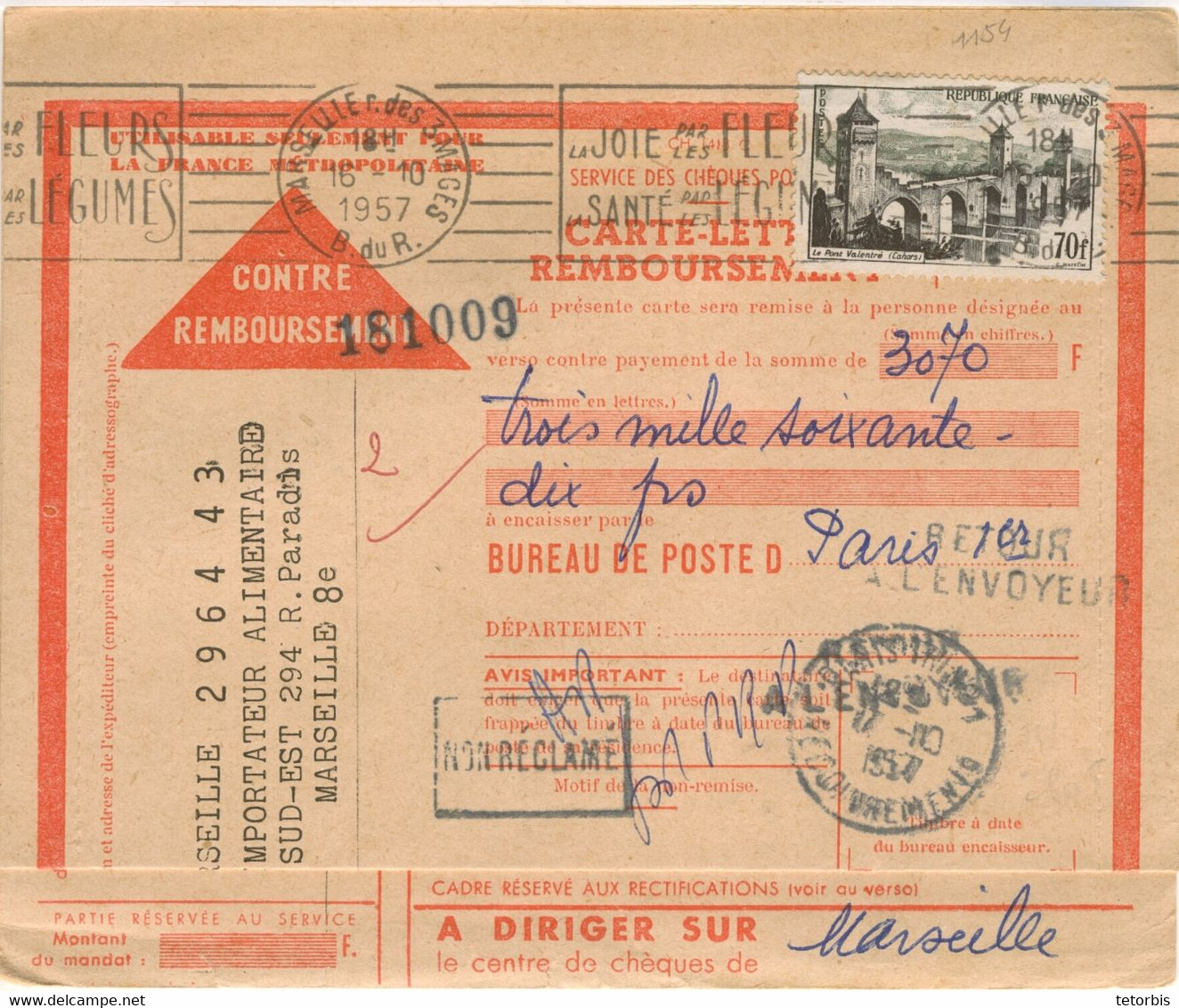 RARE- 70f CAHORS TARIF CARTE LETTRE REMBOURSEMENT CCP 16/10/57 - 1921-1960: Modern Tijdperk