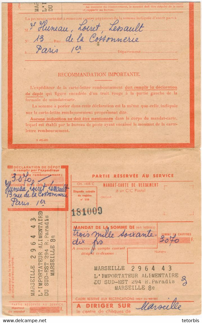 RARE- 70f CAHORS TARIF CARTE LETTRE REMBOURSEMENT CCP 16/10/57 - 1921-1960: Modern Tijdperk