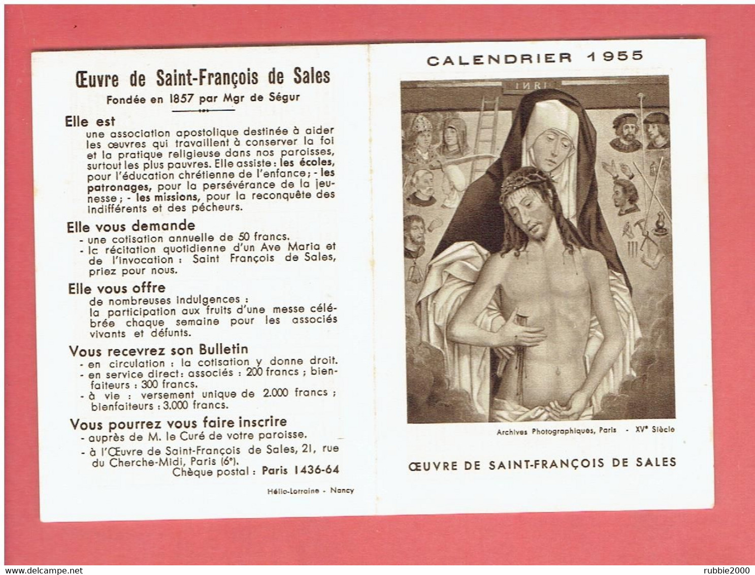 OEUVRE DE SAINT FRANCOIS DE SALES CALENDRIER DE POCHE 1965 EN TRES BON ETAT - Petit Format : 1961-70