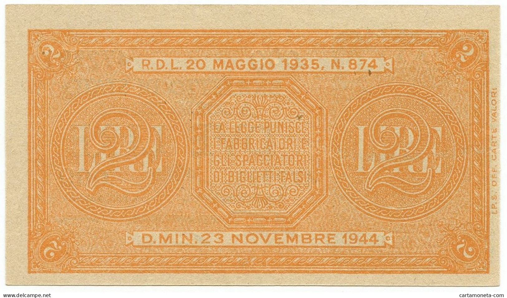 2 LIRE BIGLIETTO DI STATO LUOGOTENENZA UMBERTO VENTURA 23/11/1944 FDS-/FDS - Regno D'Italia - Altri