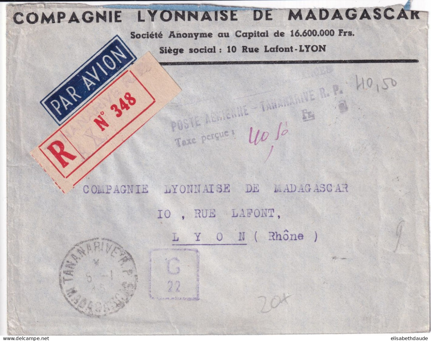 MADAGASCAR - 1945 - ENVELOPPE RECOMMANDEE CENSUREE Avec TAXE PERCUE POSTE AERIENNE ! => LYON - Brieven En Documenten