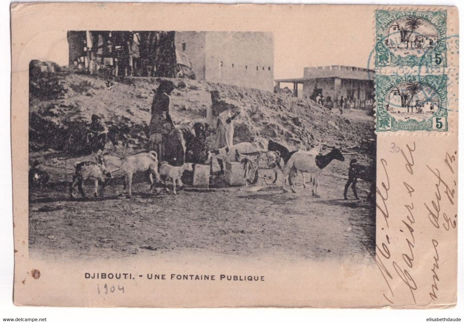 COTE DES SOMALIS - 1904 - CARTE De DJIBOUTI (OBLITERATION BLEUE) AFFR. AU VERSO => BORDEAUX - Brieven En Documenten