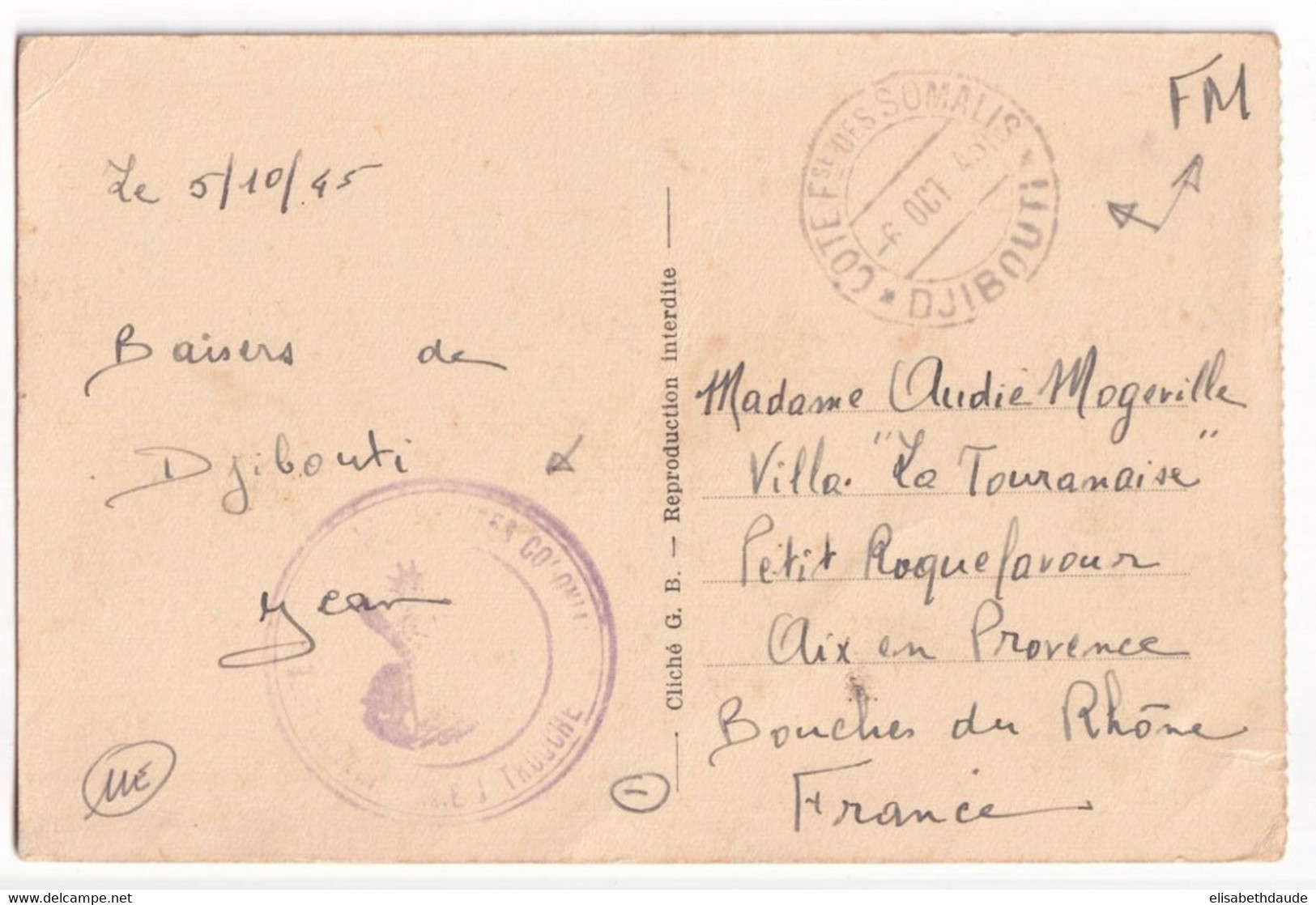 COTE DES SOMALIS - 1945 - CARTE FM De DJIBOUTI  => AIX EN PROVENCE - Briefe U. Dokumente