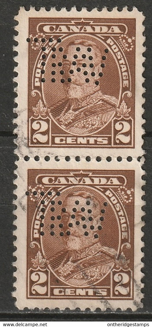 Canada 1935 Sc 218  Pair Used "TRW" (Travellers Insurance) Perfin - Perforiert/Gezähnt