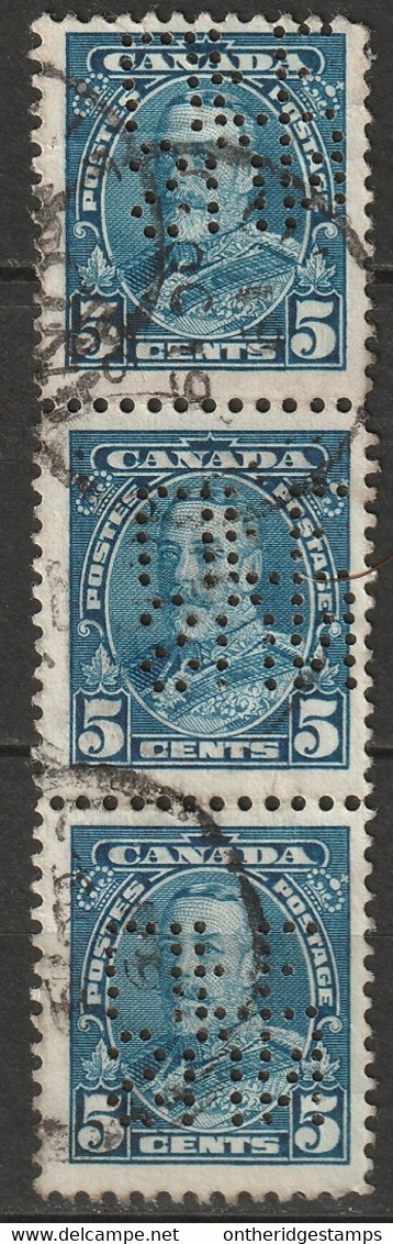 Canada 1935 Sc 221  Strip Of 3 Used "SUN/LIFE" (Sun Life Assurance) Perfin - Perforiert/Gezähnt