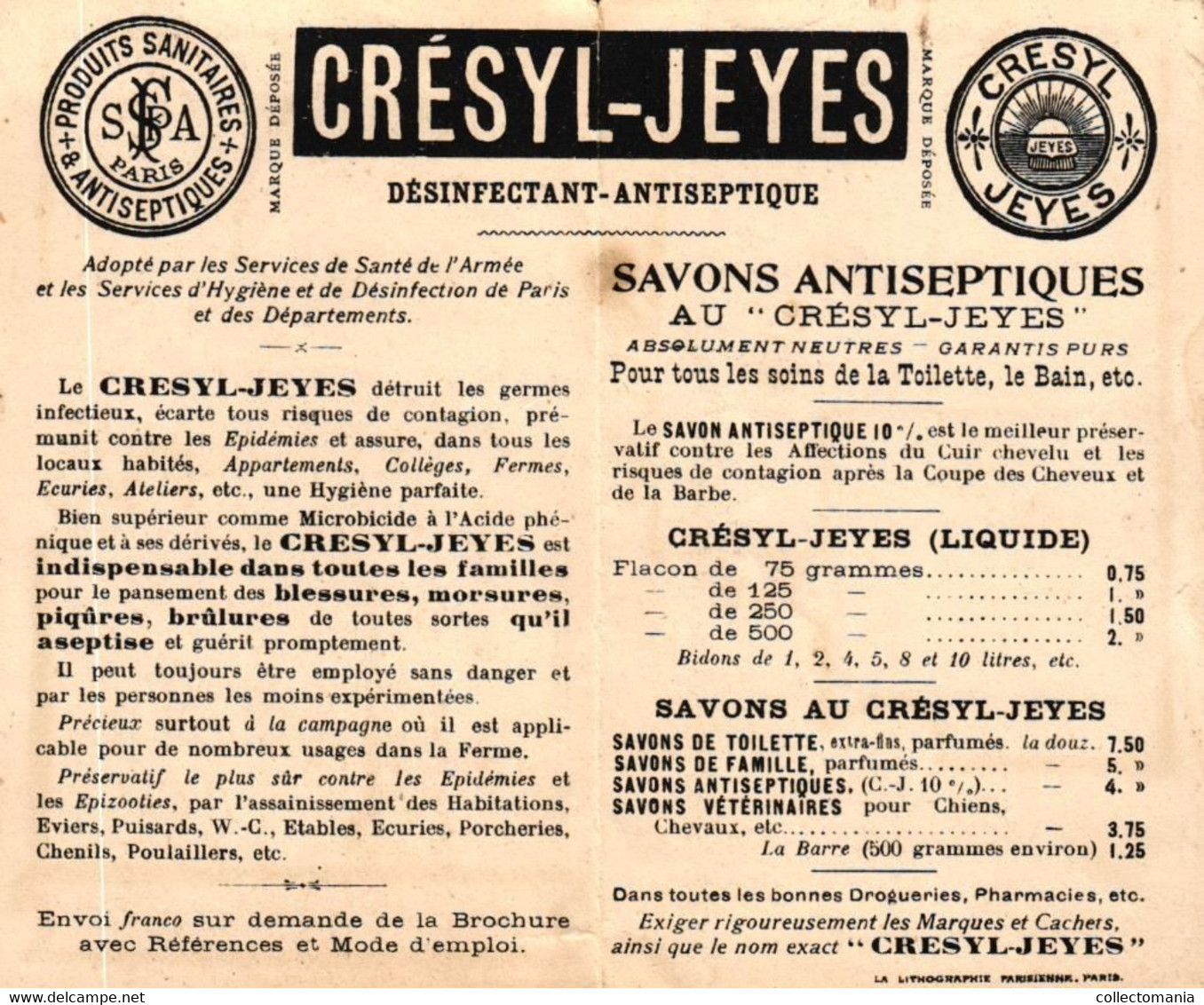 1 Carte Pliante Savons Poudre Antiseptiques Crésyl - Jeyes  Lith. Parisienne - Sonstige & Ohne Zuordnung