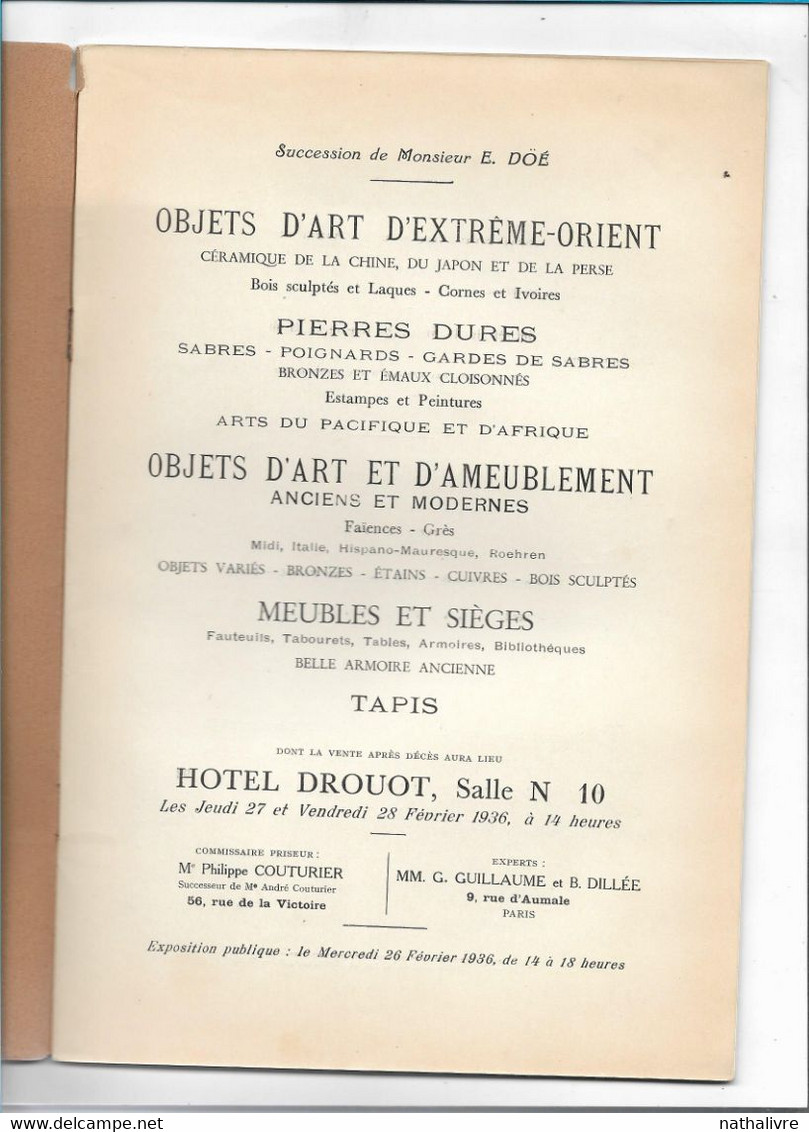 1936 Hôtel DROUOT Catalogue De Vente Objets D'Art D'Extrême-Orient Et Européens Objets D'Art Et Ameublement Tapis... - Arte