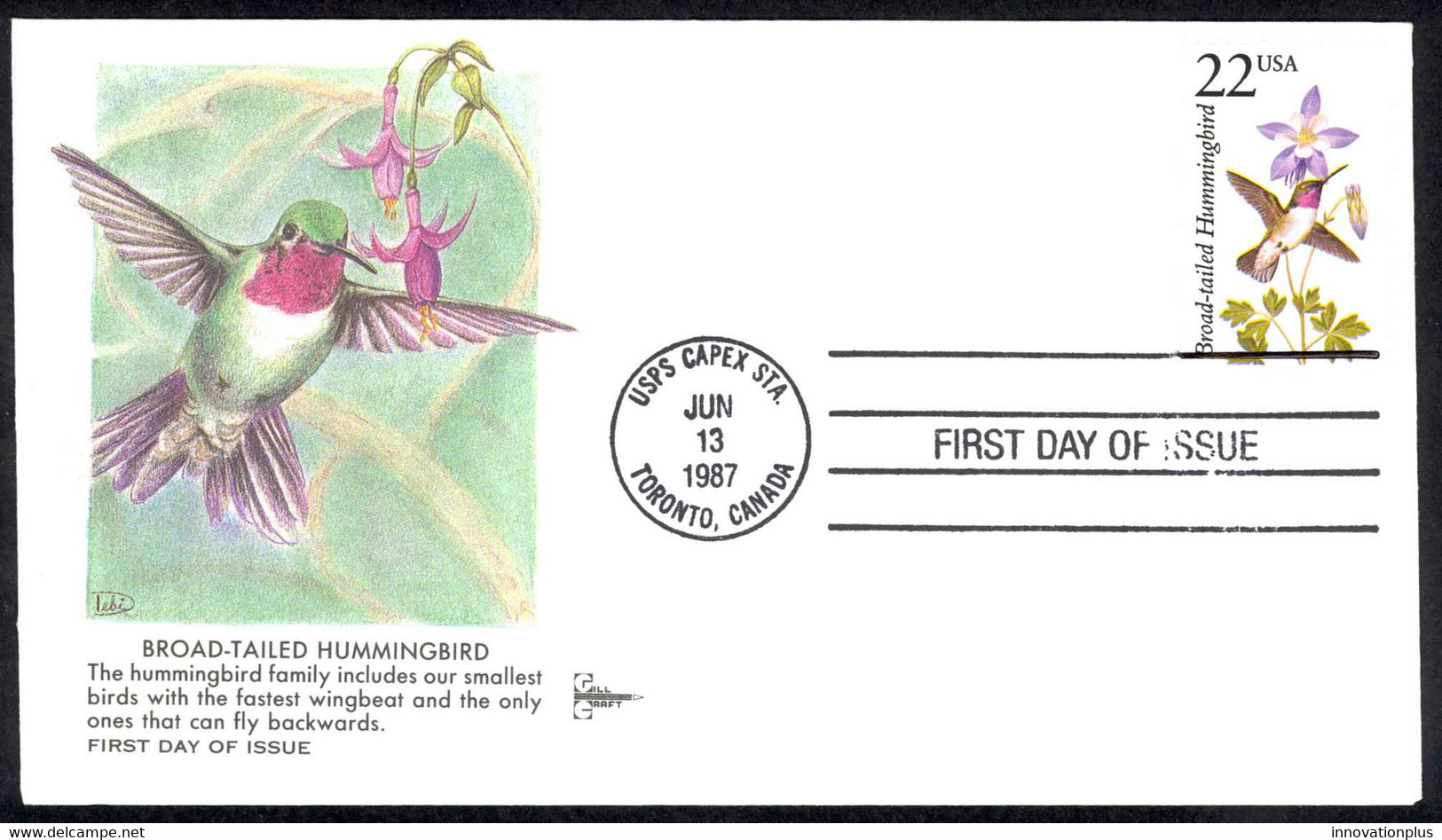 USA Sc# 2289 (Gill Craft) FDC (USPS CAPEX STATION) 1987 6.13 Broad-Tailed Hummingbird - 1981-1990