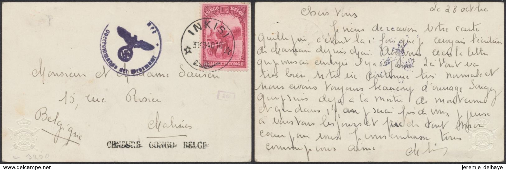 Congo Belge - N°176 Sur CP Vendu Pour Les Invalides Obl Simple Cercle "Inkisi" (1940) > Malines + Censure / Guerre 40-45 - Brieven En Documenten