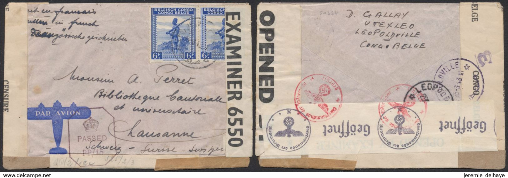 Congo Belge - N°244 X2 Sur Lettre Par Avion De Léopoldville (1943) > Lausanne (Suisse) / Triple Censure, Guerre 40-45 - Lettres & Documents