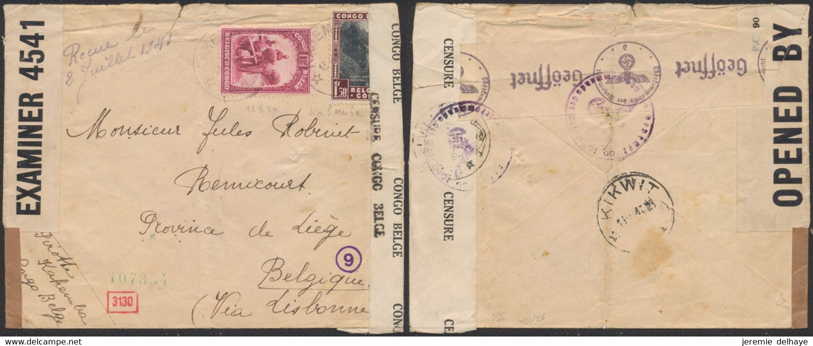 Congo Belge - Affranch. Mixte Sur Lettre De Kahemba (1940) > Remicourt Via Lisbonne / Triple Censure, Guerre 40-45 - Briefe U. Dokumente