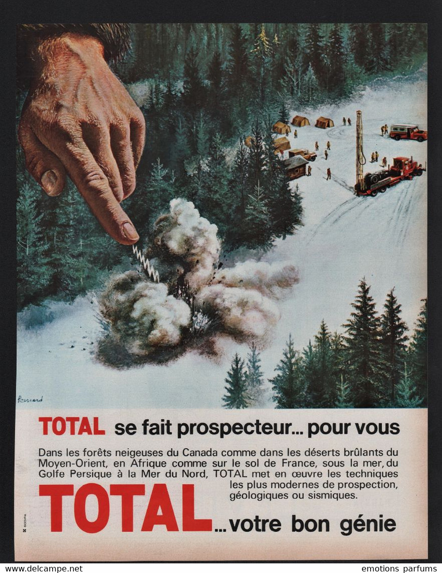 Publicité Papier 1965 Automobile  Station TOTAL  Pompe Essence Dessin Pecnard Desert Prospection Géologique Canada - Publicités