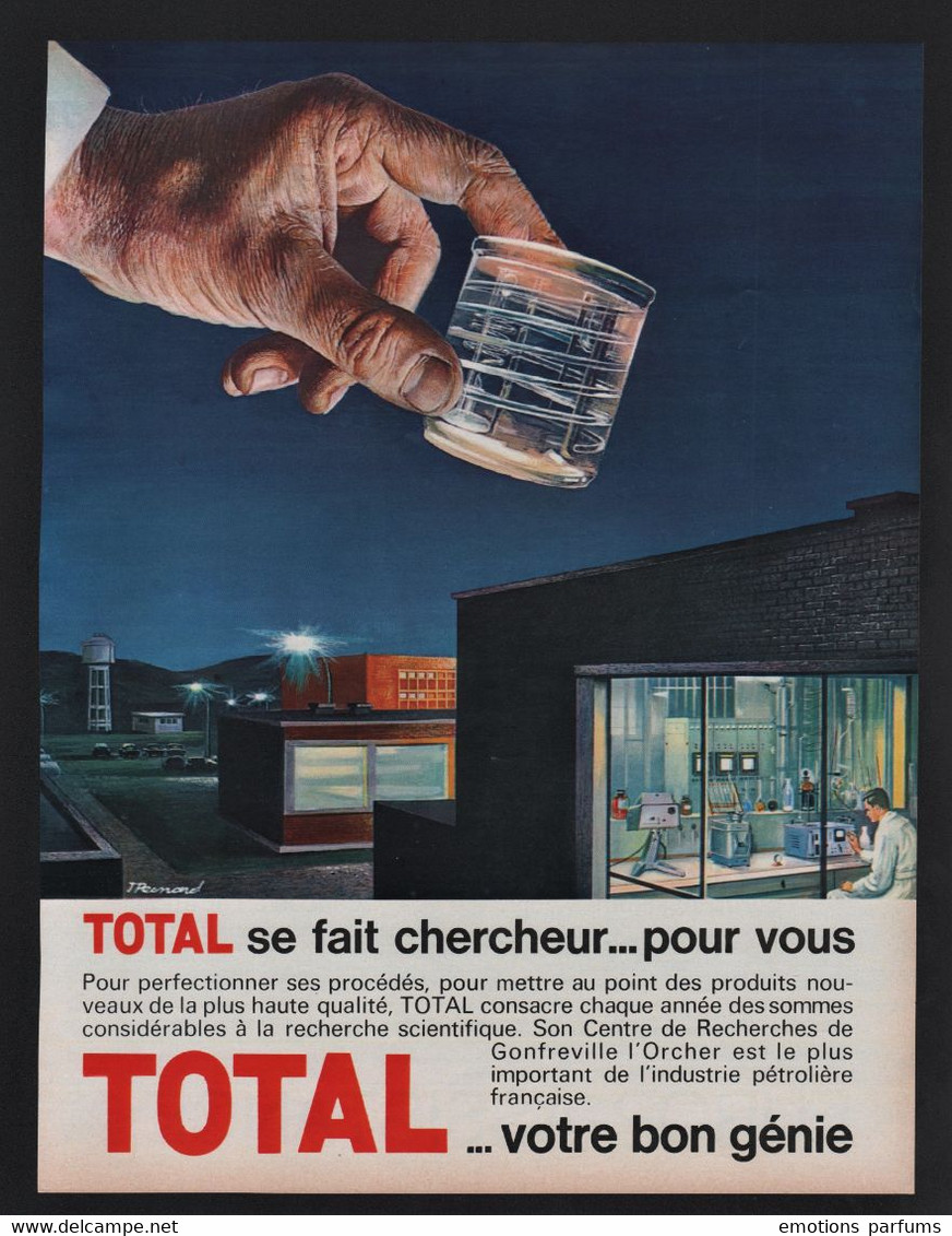 Publicité Papier 1965 Automobile  Station TOTAL  Pompe Essence Dessin Pecnard Chercheur Gonfreville L'Orcher Laboratoire - Publicités