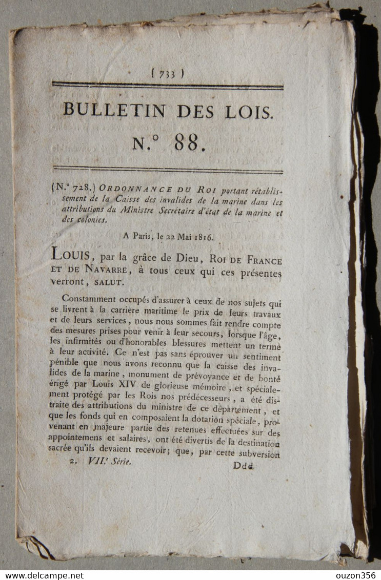 Bulletin Des Lois Du Royaume De France N°88, 7e Série, T.2, 1816, Caisse Des Invalides De La Marine - Décrets & Lois