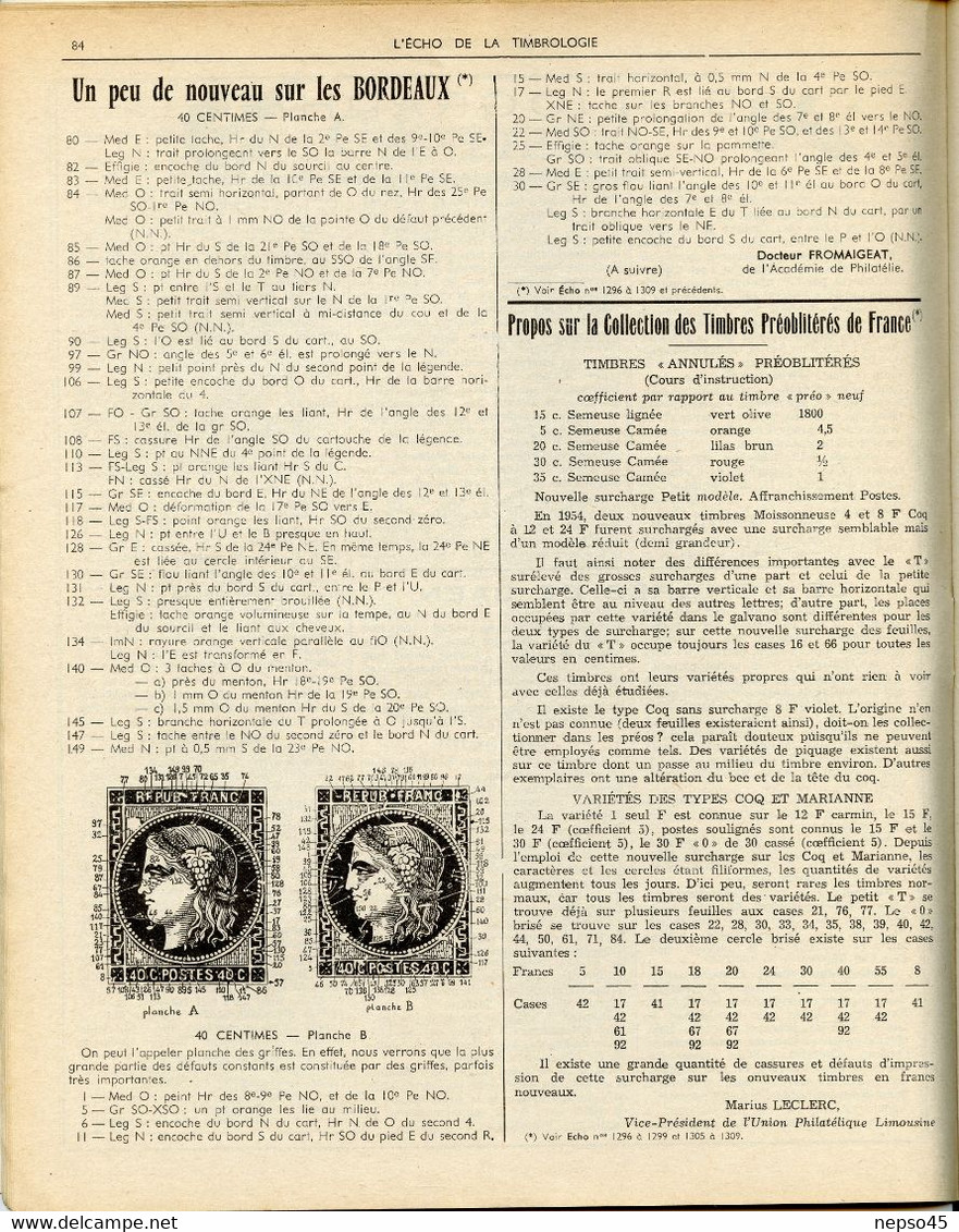 Timbrologie.Collection Des Timbres Préoblitérés De France.Timbres " Annulés " Préoblitérés.chronique Poste Aérienne. - Français (àpd. 1941)