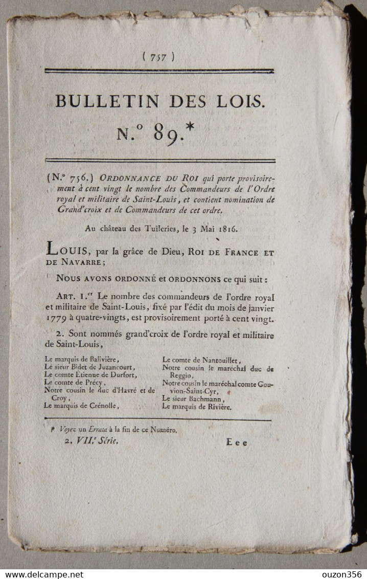 Bulletin Des Lois Du Royaume De France N°89, 7e Série, T.2, 1816, Ordre Royal Et Militaire De Saint-Louis - Décrets & Lois