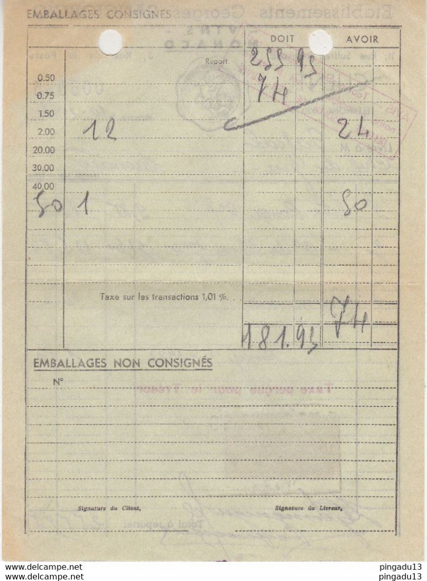 Au Plus Rapide Timbre Fiscal Monaco 10 Août 1943 Sangiorgio Vins Facture Pascal Chef De Gare Griffe Taxe Perçue Pour ... - Steuermarken