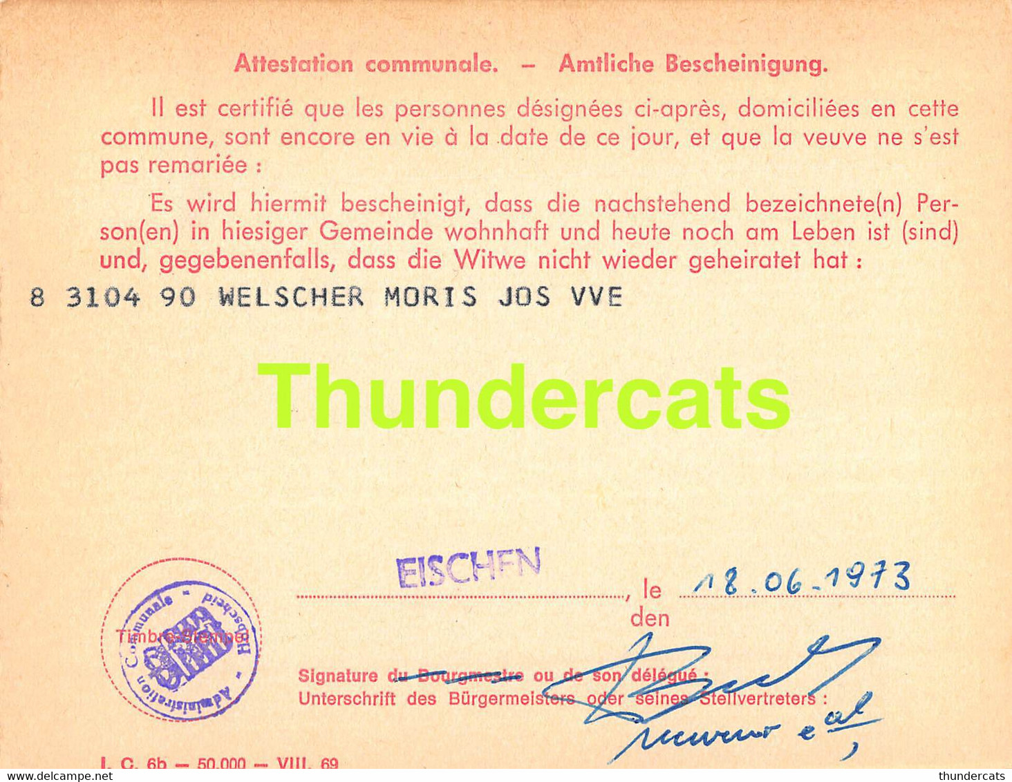 ASSURANCE VIEILLESSE INVALIDITE LUXEMBOURG 1973 EISCHEN WELSCHER MORIS - Brieven En Documenten