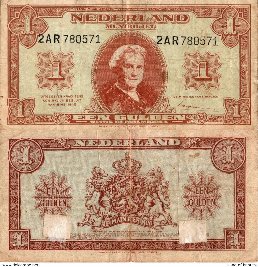 Netherlands / 1 Gulden / 1945 / P-70(a) / VF - 1 Gulde