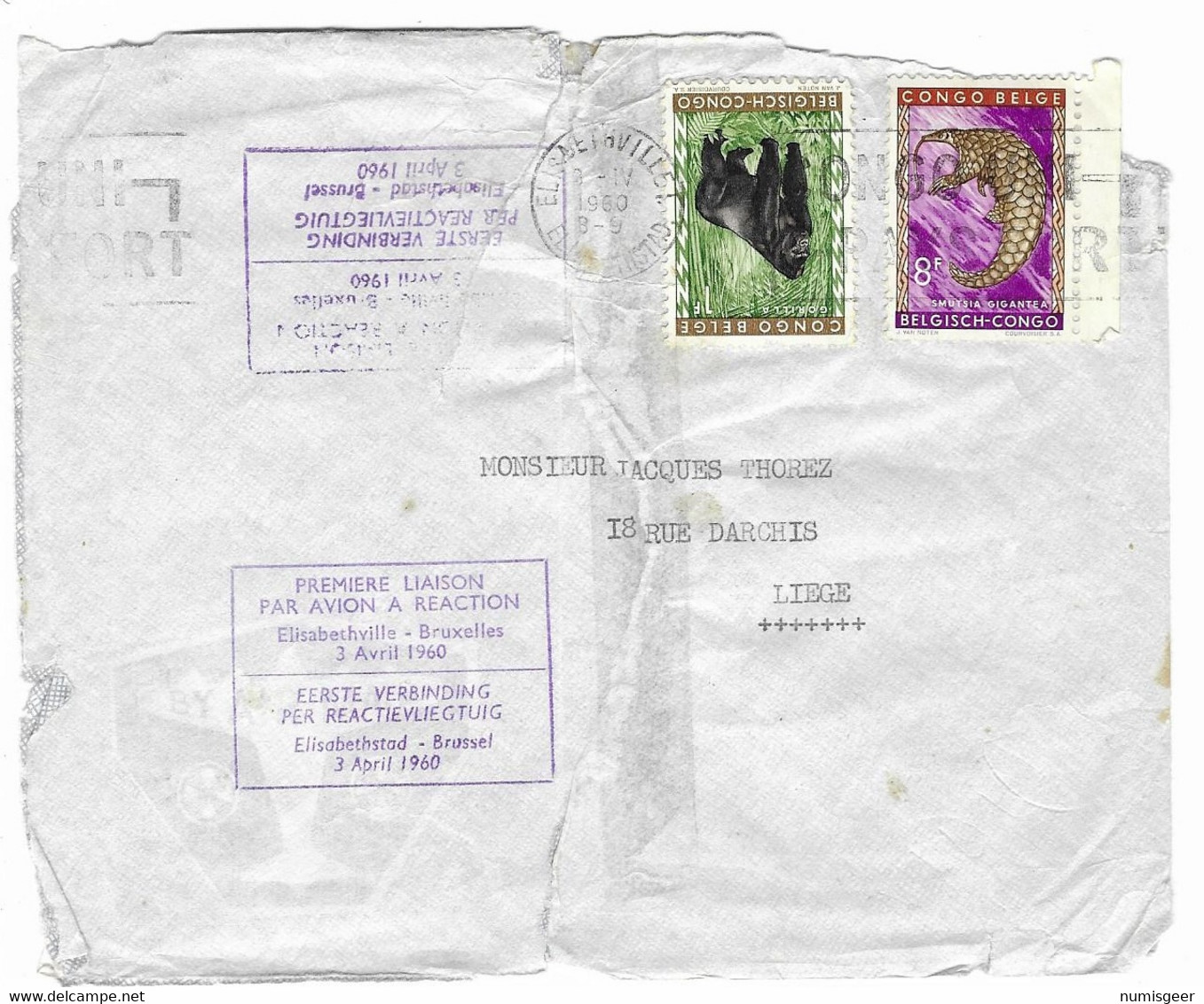 Lettre Par La PREMIERE LIAISON PAR AVION A REACTION - Elisabethville - Bruxelles 3 Avril 1960 - Storia Postale