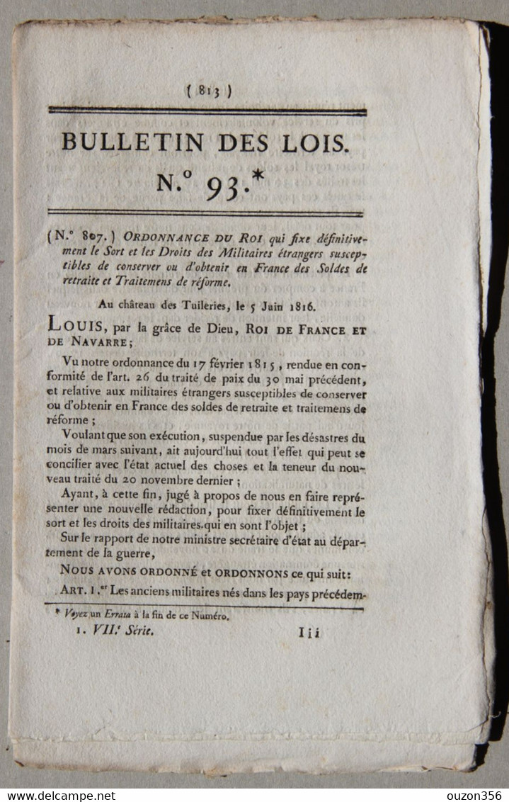 Bulletin Des Lois Du Royaume De France N°93, 7e Série, T.2, 1816, Droits Des Militaires étrangers - Décrets & Lois